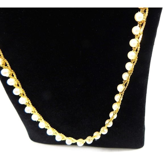 Vintage Signed Napier Faux Pearl Woven Gold Tone Necklace Chain 24" - Picture 3 of 9